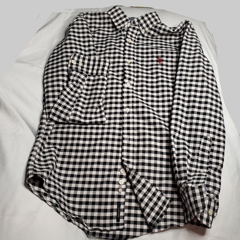 U.S. Polo Assn. Black & White  Checkered Long Sleeve Button Up Men's Shirt